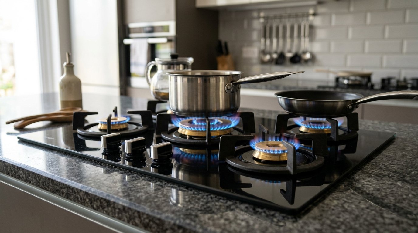 Toughened glass top gas stove hob with brass burners and rotary ignition controls