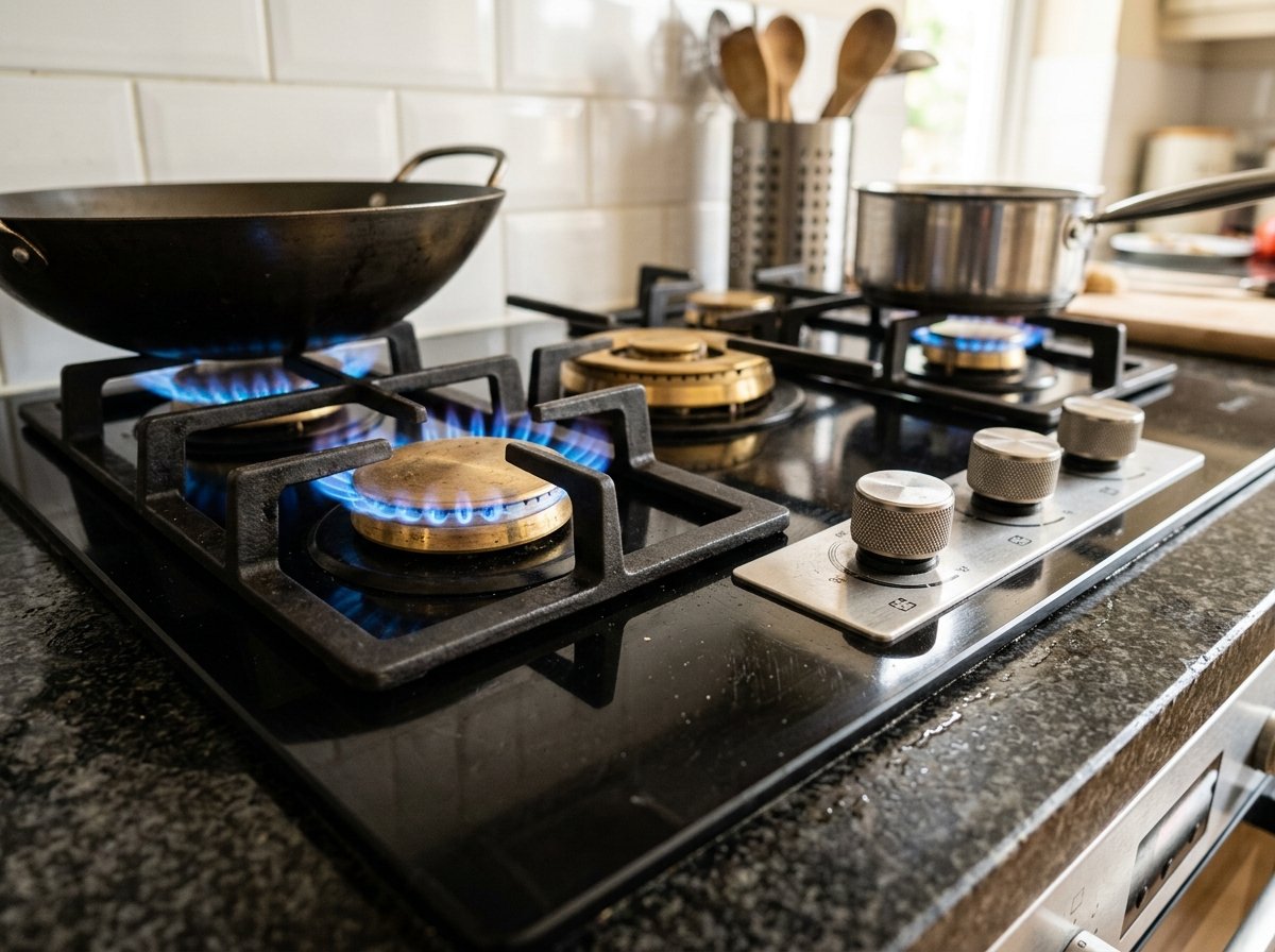 Kuchina gas hob repair and burner flame inspection on black glass countertop