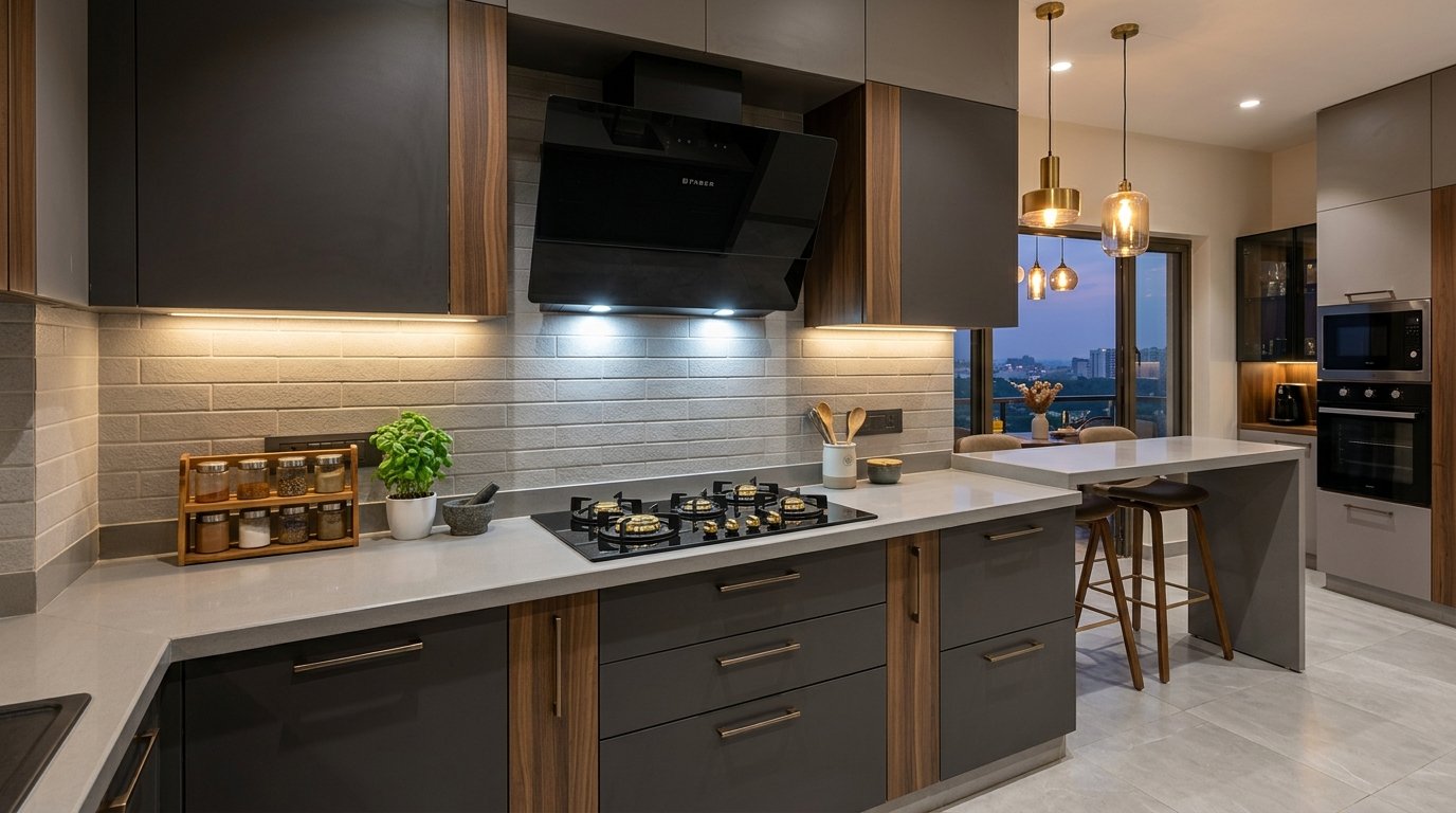 Modern Indian modular kitchen setup with chimney, hob, and built-in appliances